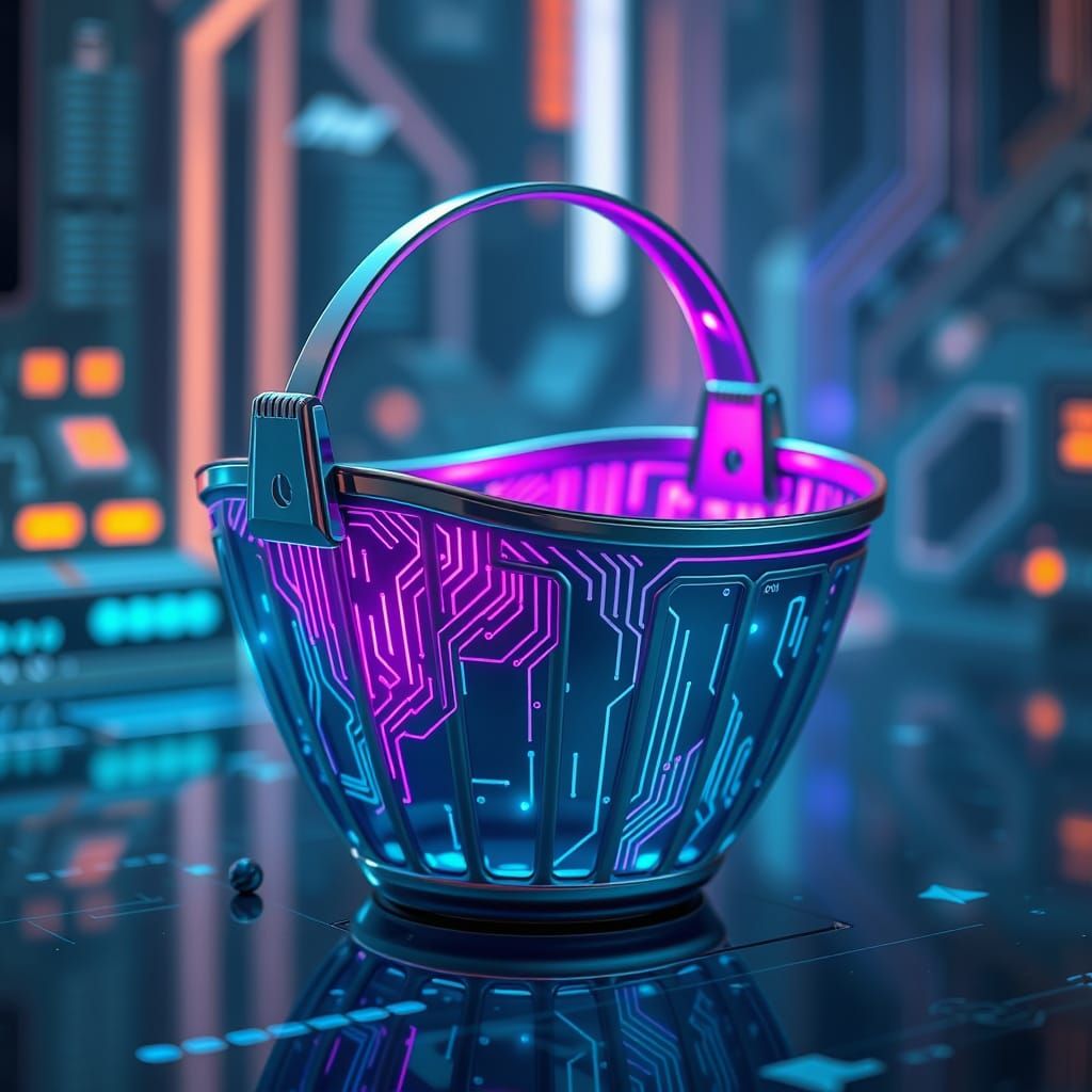Cyberpunk Metallic Basket with Neon Circuitry