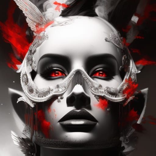 Monochrome Floral Skull with Red Splash Art