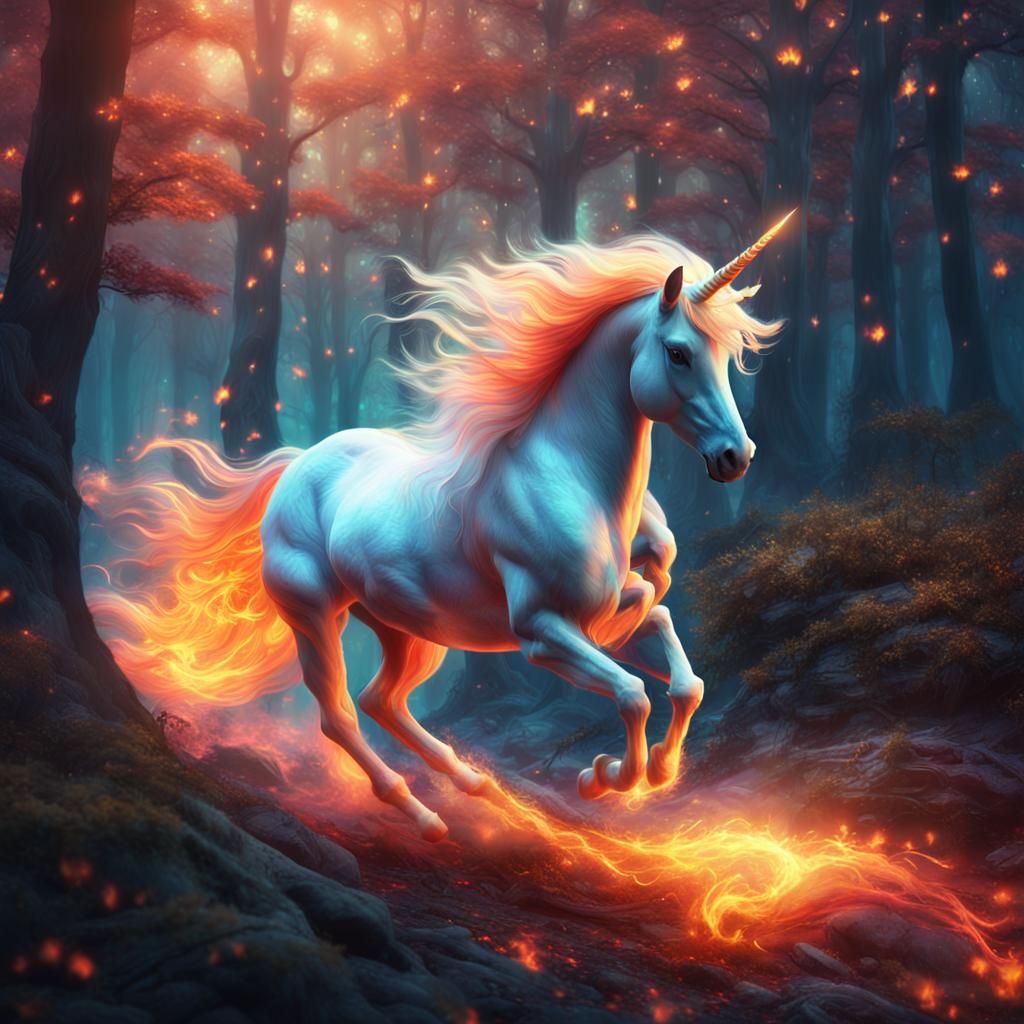 Mystical Flame Unicorn in Dreamlike Forest