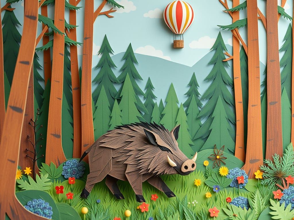 Whimsical Origami Boar in Forest Hot Air Balloon