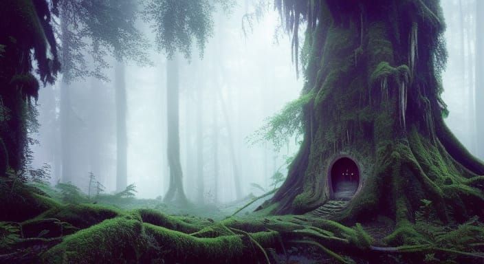 Mystical Tree Hideout in a Misty Forest