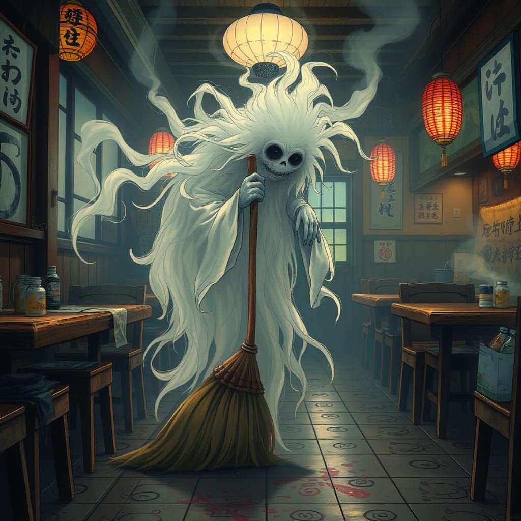 Ethereal Broom Spirit Cleans Traditional Japanese Restaurant