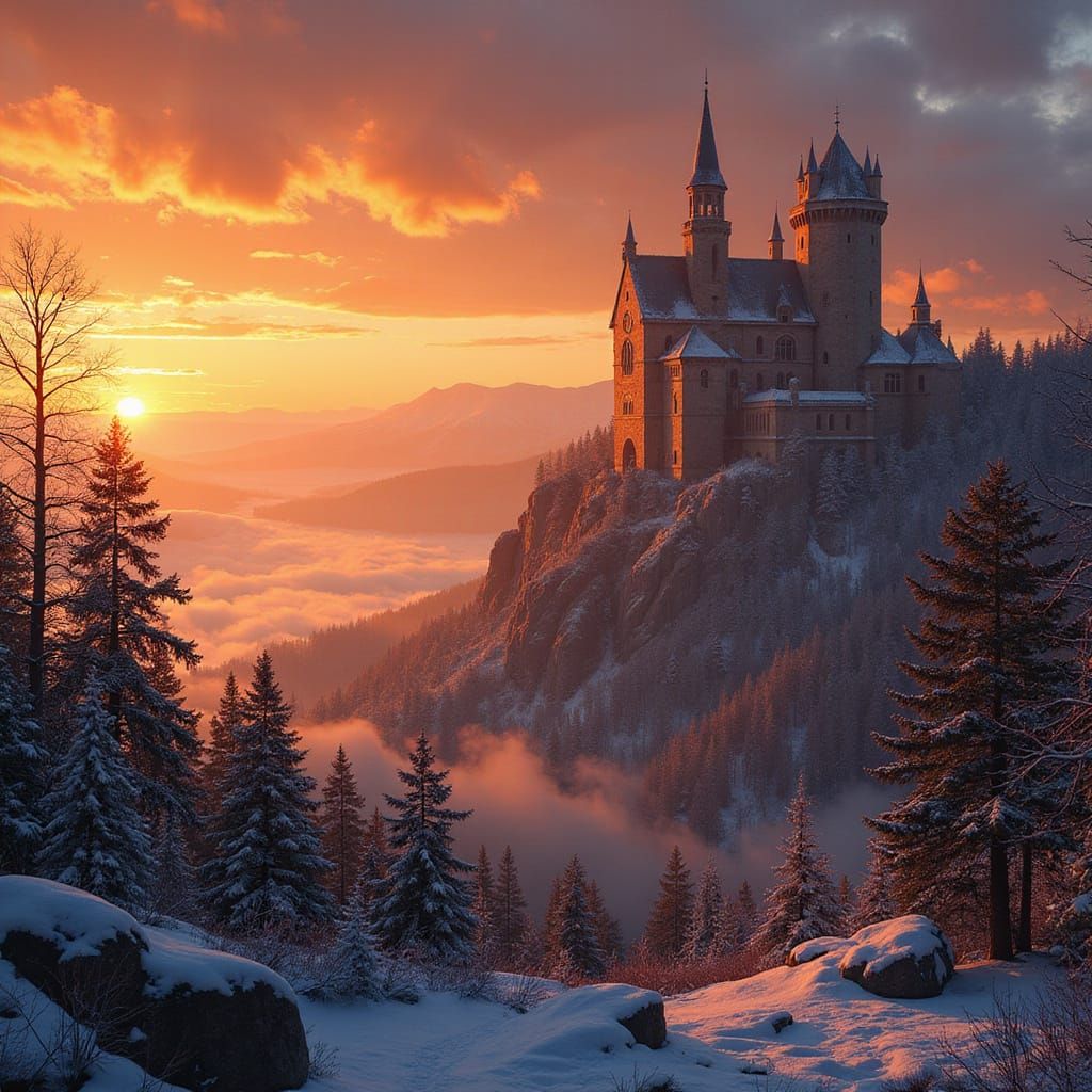 Winter Sunset Over Northern Forest Battlements