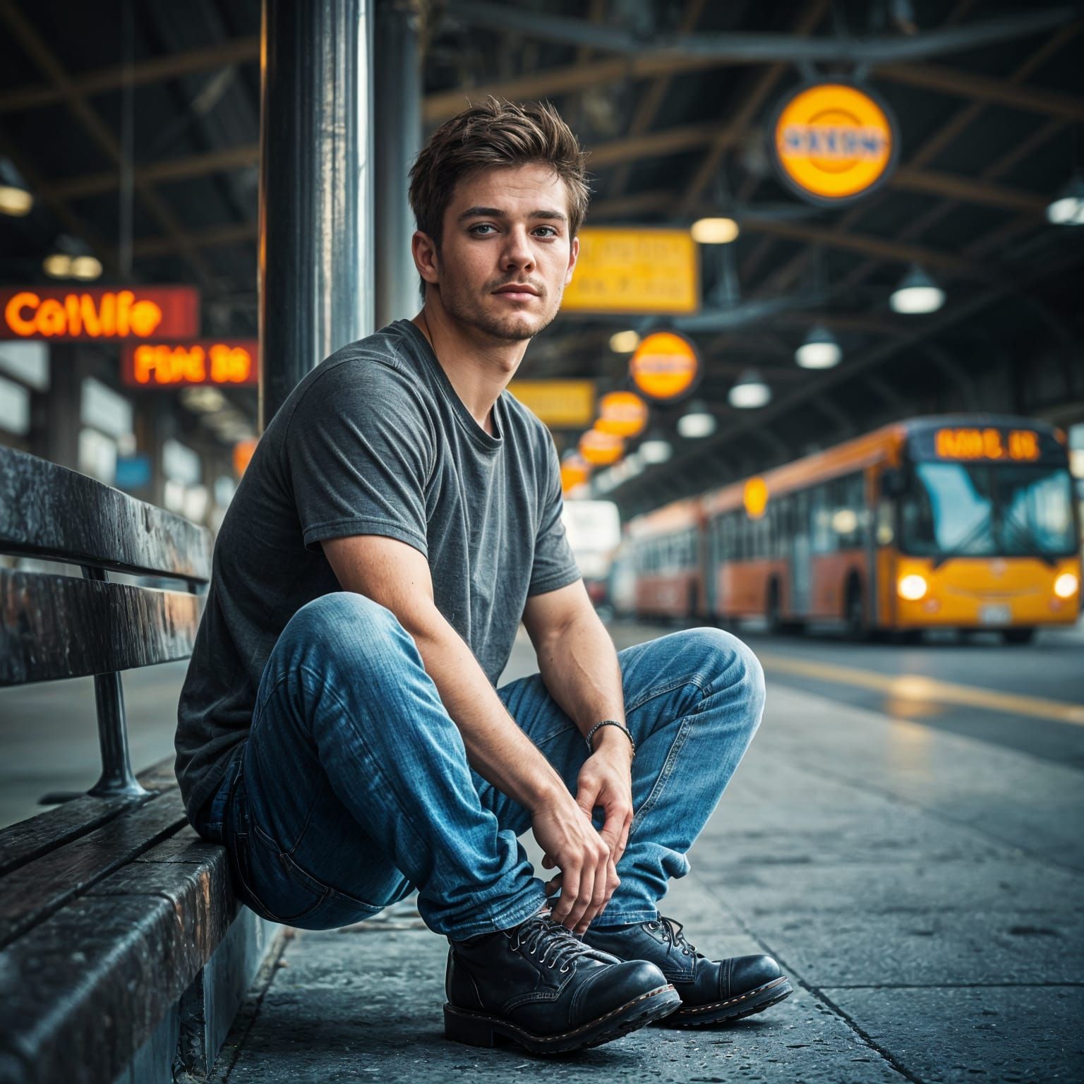 Lost Young Man at Bus Depot: Hyperrealistic Image