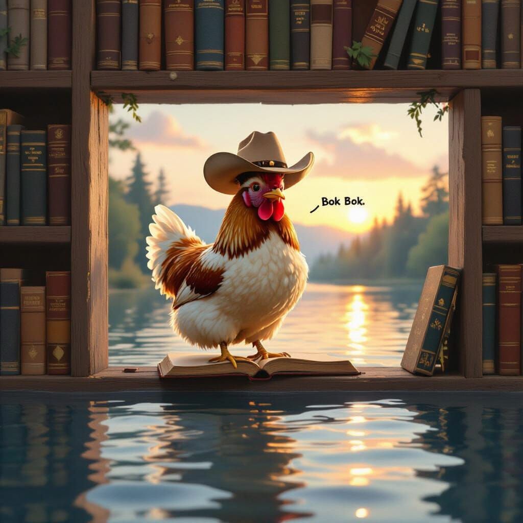 Chicken on Floating Bookshelf in Sunrise Lake