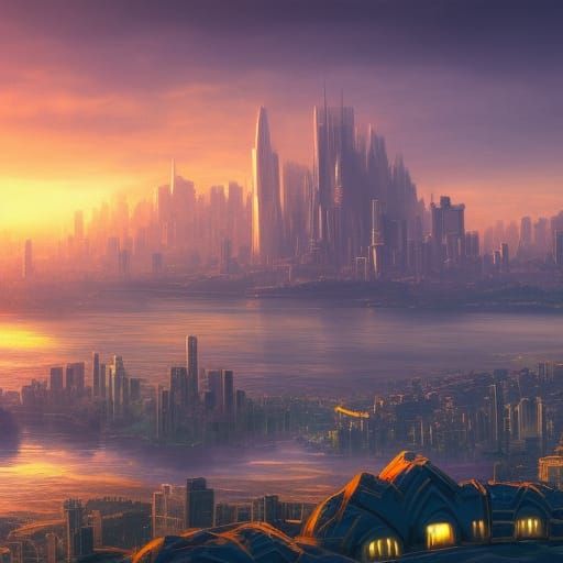 City skyline across the water at sunset
