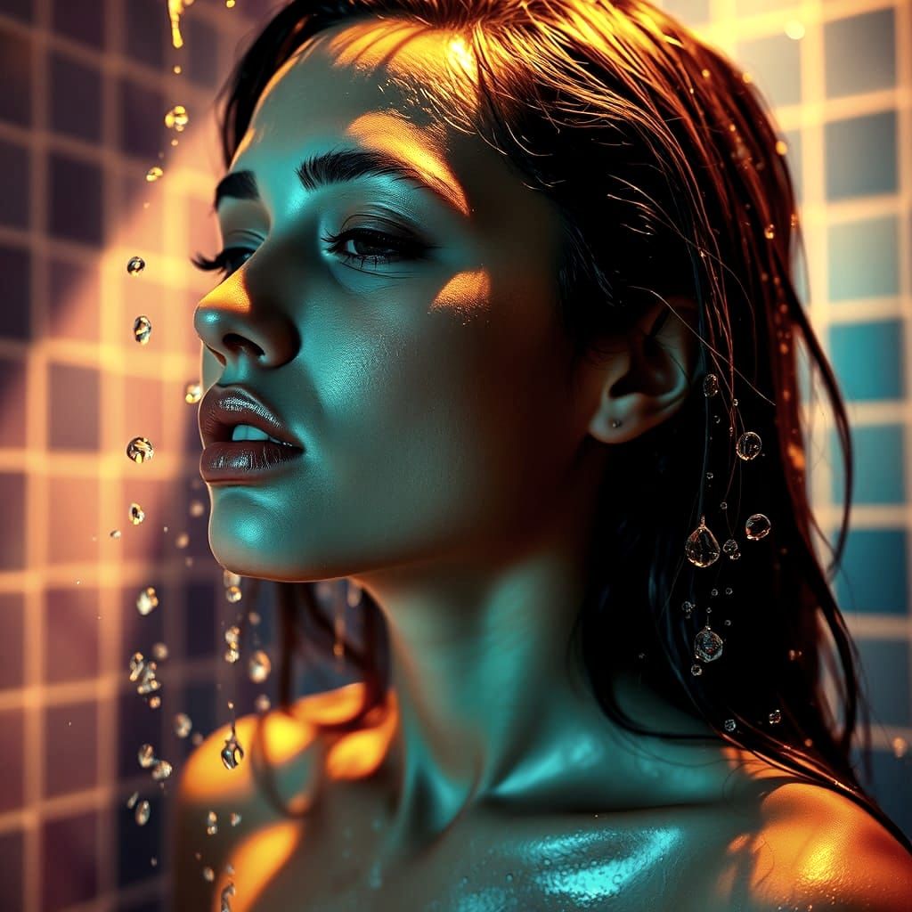 Woman in Shower: Hyperrealistic Splash Art in Golden Light