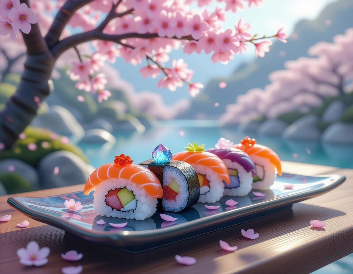 Surreal Crystal Sushi Under Cherry Blossoms