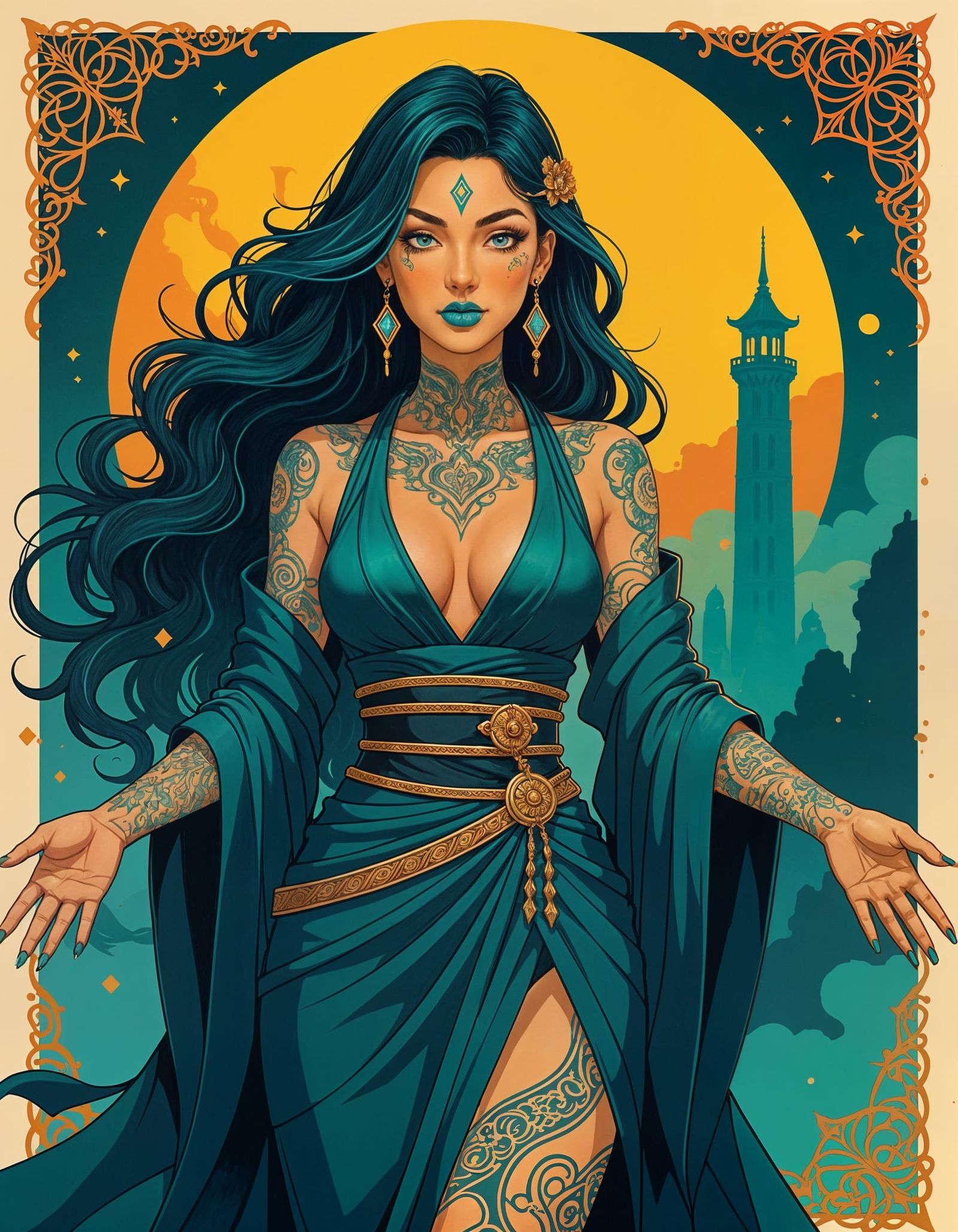 Mysterious Tattooed Sorceress in Amber and Turquoise