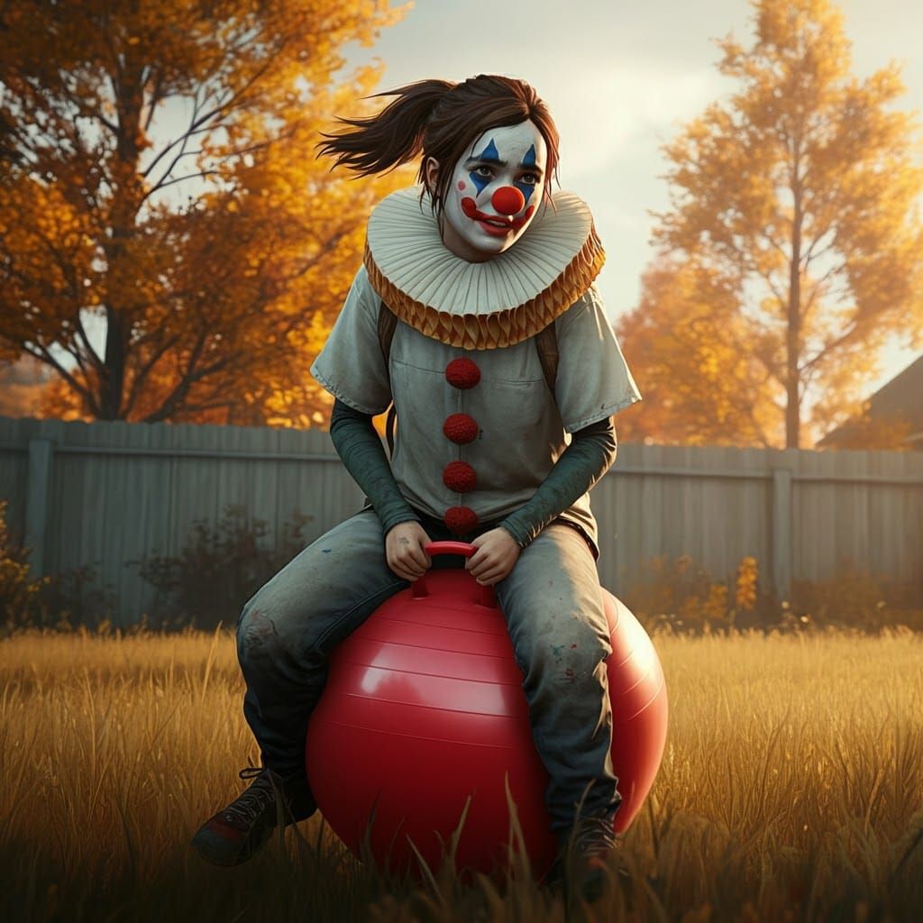 Ellie as Clown Bounces in Autumn, Hyperrealistic Art