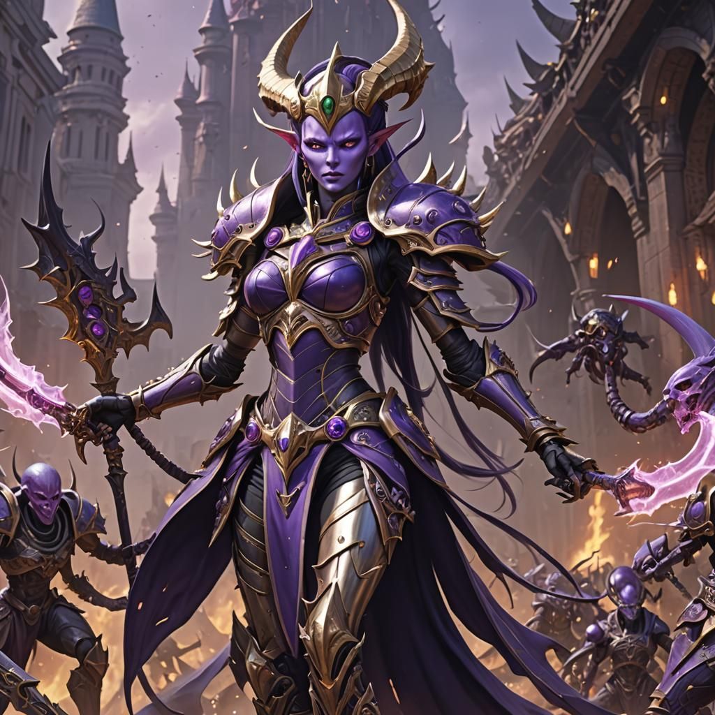 Slaanesh Queen in Combat: Anime-Inspired 3D Art