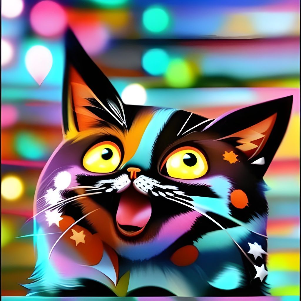 Cute Anime Cats Playing: Colorful Folk Art