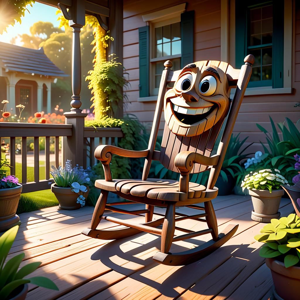 Friendly Wooden Rocking Chair on a Sunny Porch