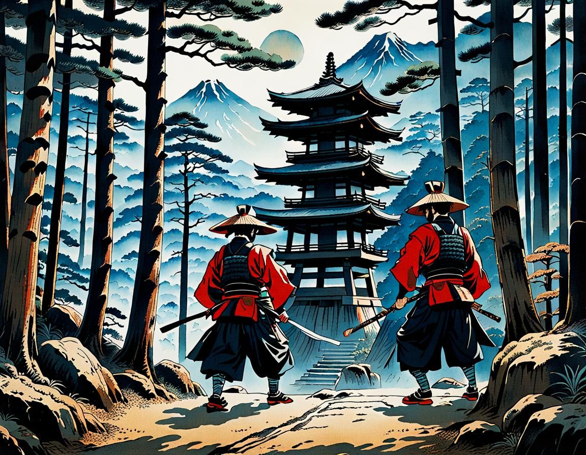 Samurai Masters Training at Forest Shrine, Ukiyo-e Print