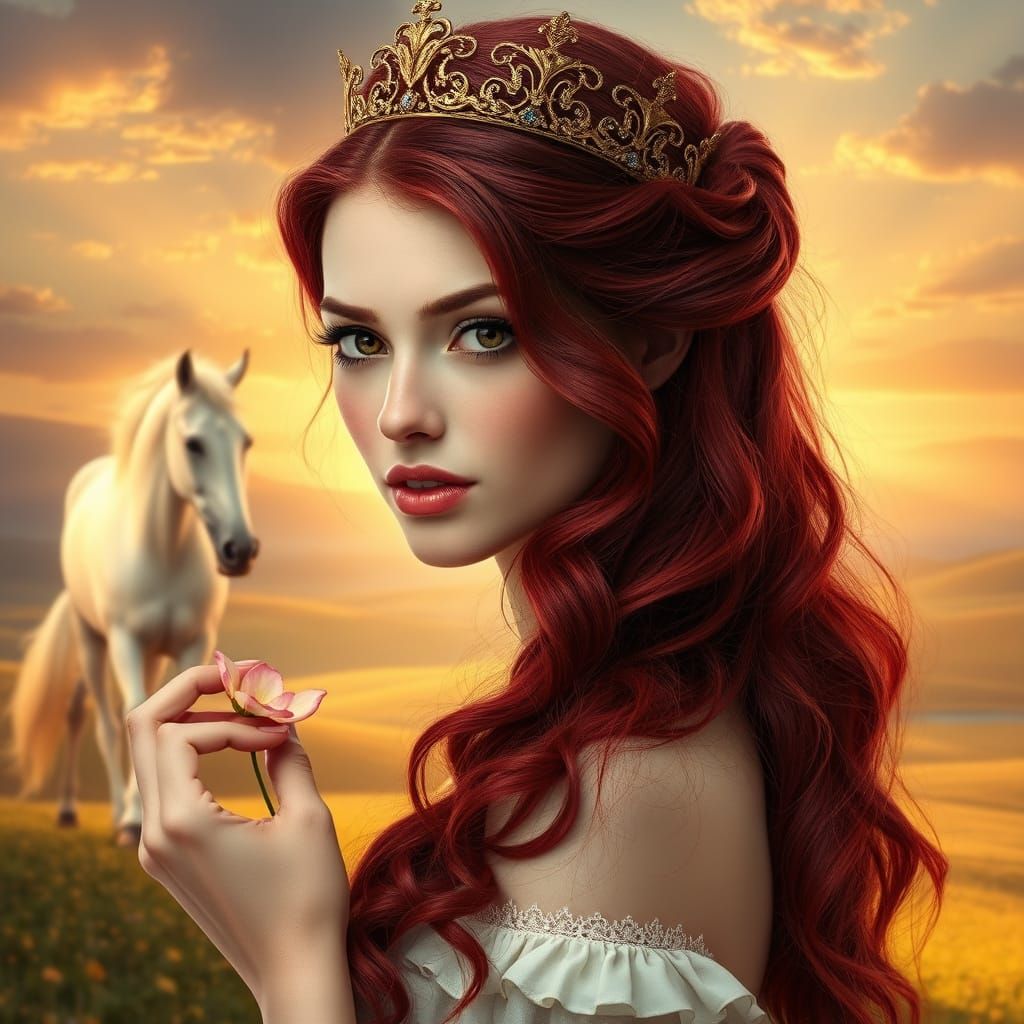 Enchanting Princess with Fiery Locks and Gentle Flower