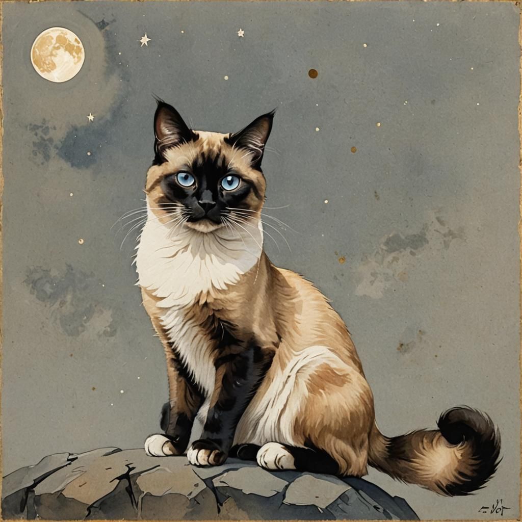 Calico Siamese Cat Gazing at Moon, Gouache Painting