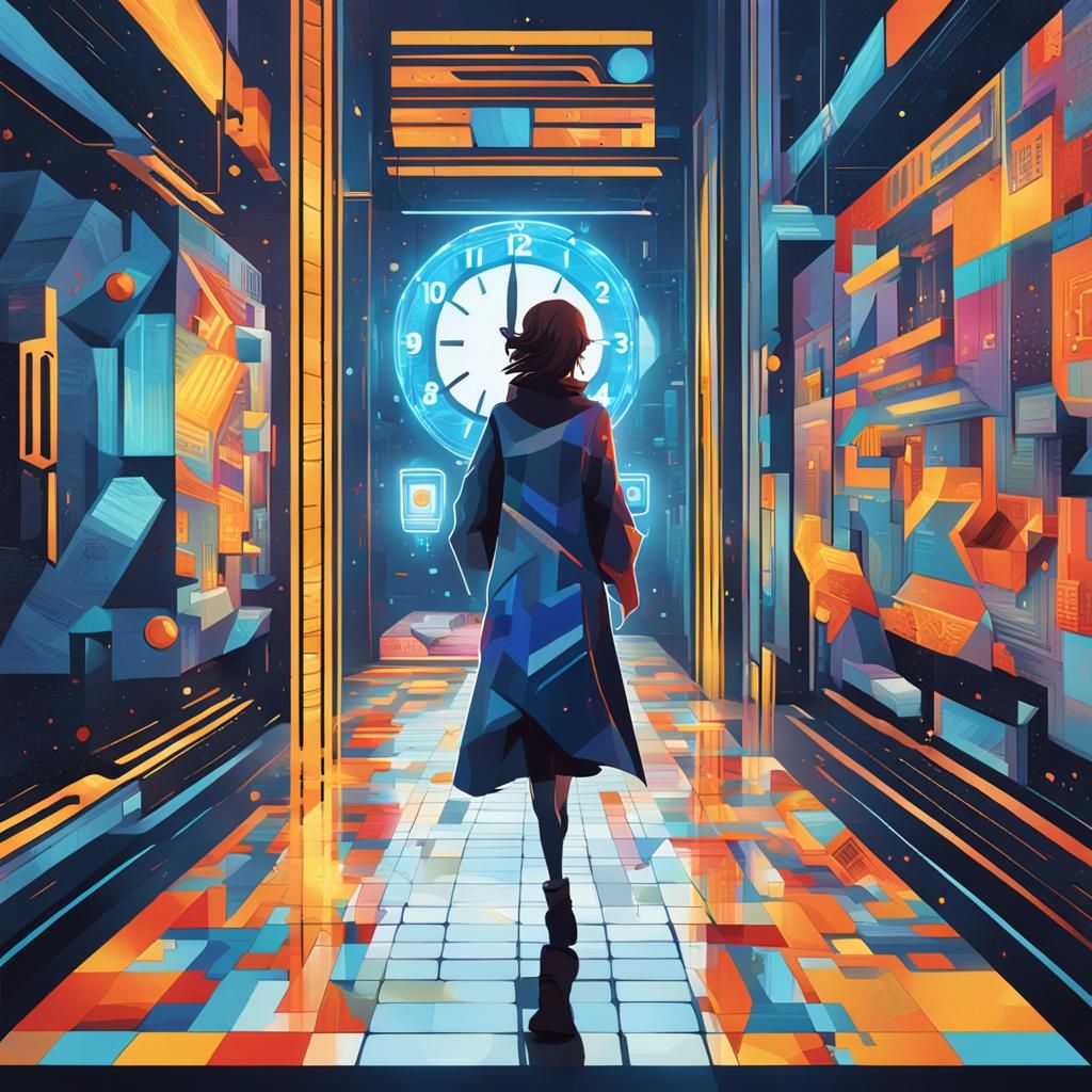 Retro-Futuristic Woman in Hallway with Digital Clock