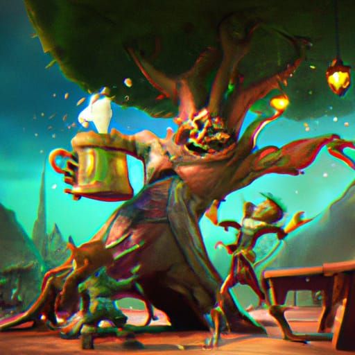 Tree and Dwarf Tavern Fight: 3D Digital Art