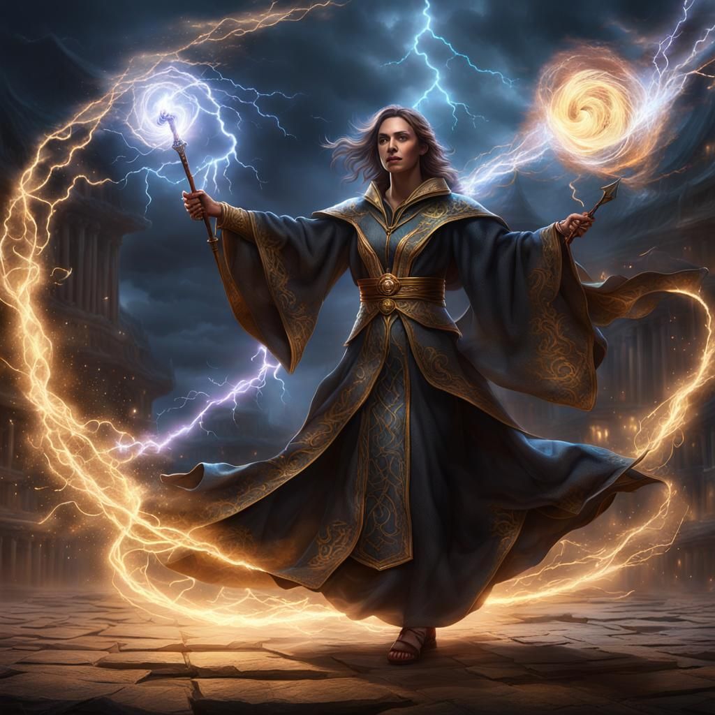 Female Mage Casting Spell with Lightning, Dark Fantasy Art