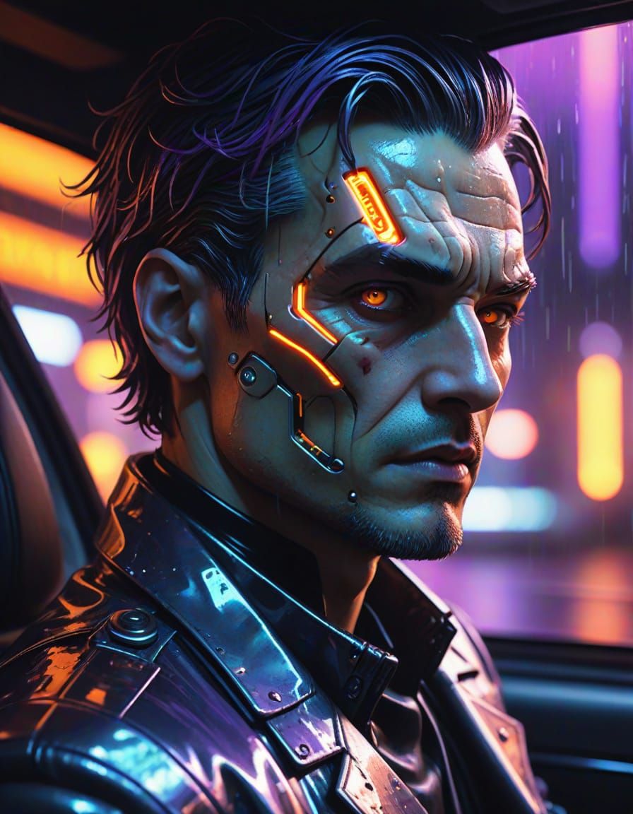 Detective in Cyberpunk Noir with Neon Reflections