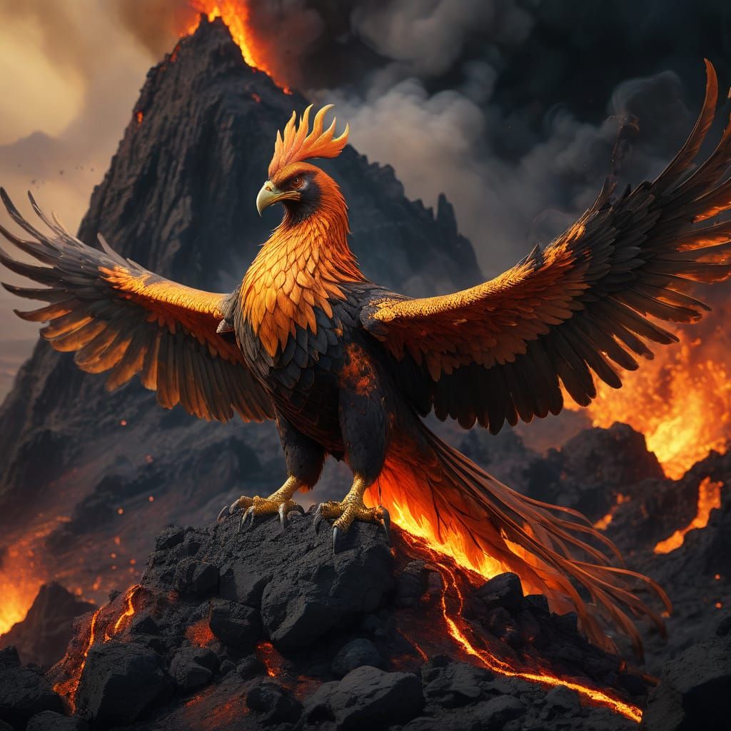 Majestic Phoenix Sits atop a Volcanic Throne