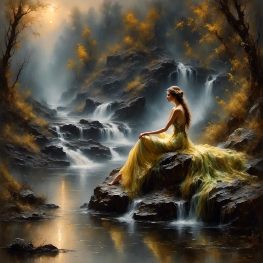 Fairy at Waterfall with Sparkling Dust in Abstract Style