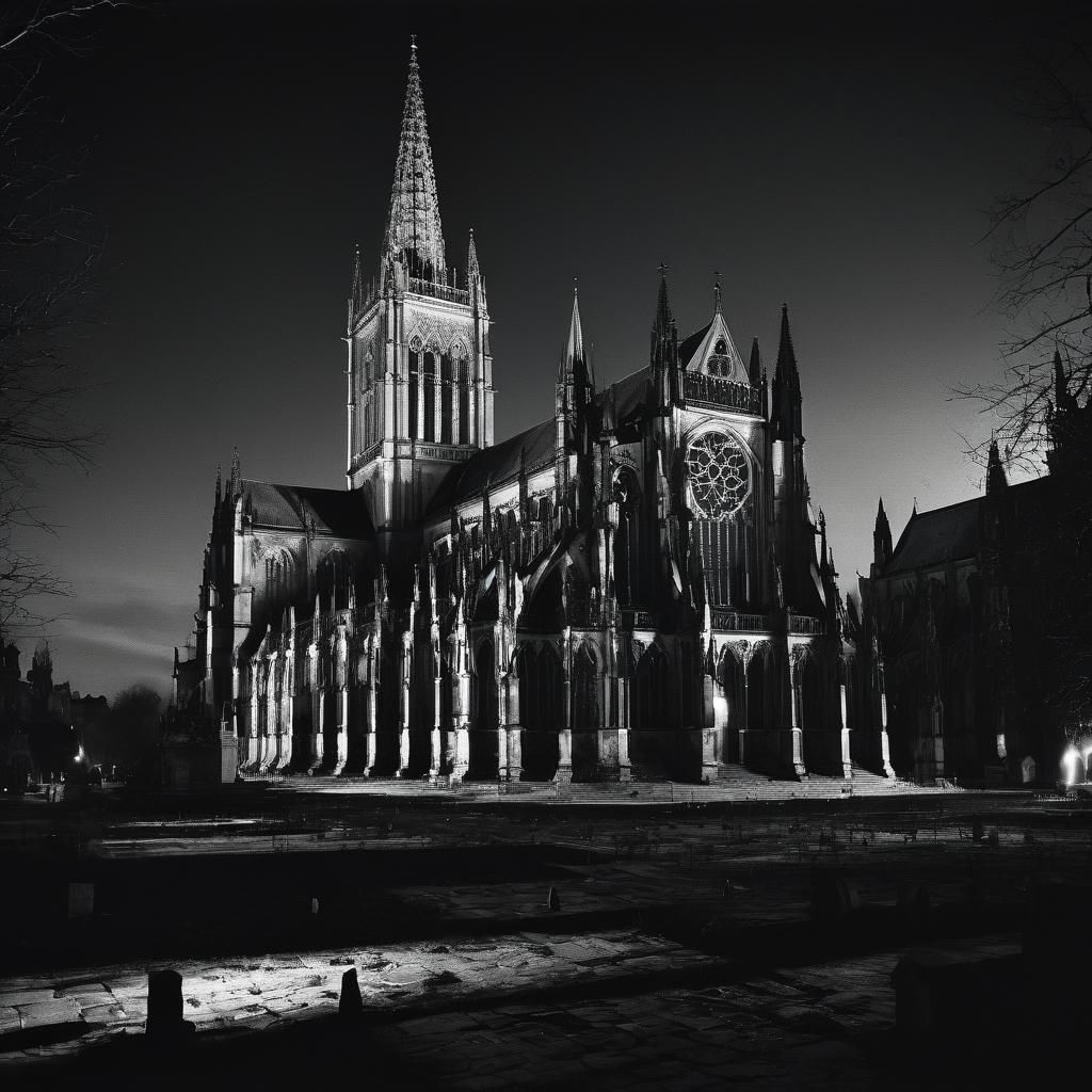 Gothic Cathedral in Moonlight: Black and White Film