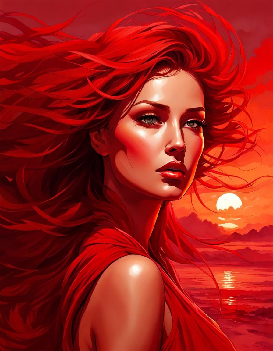 Red-Haired Woman Portrait with Sunset Sky