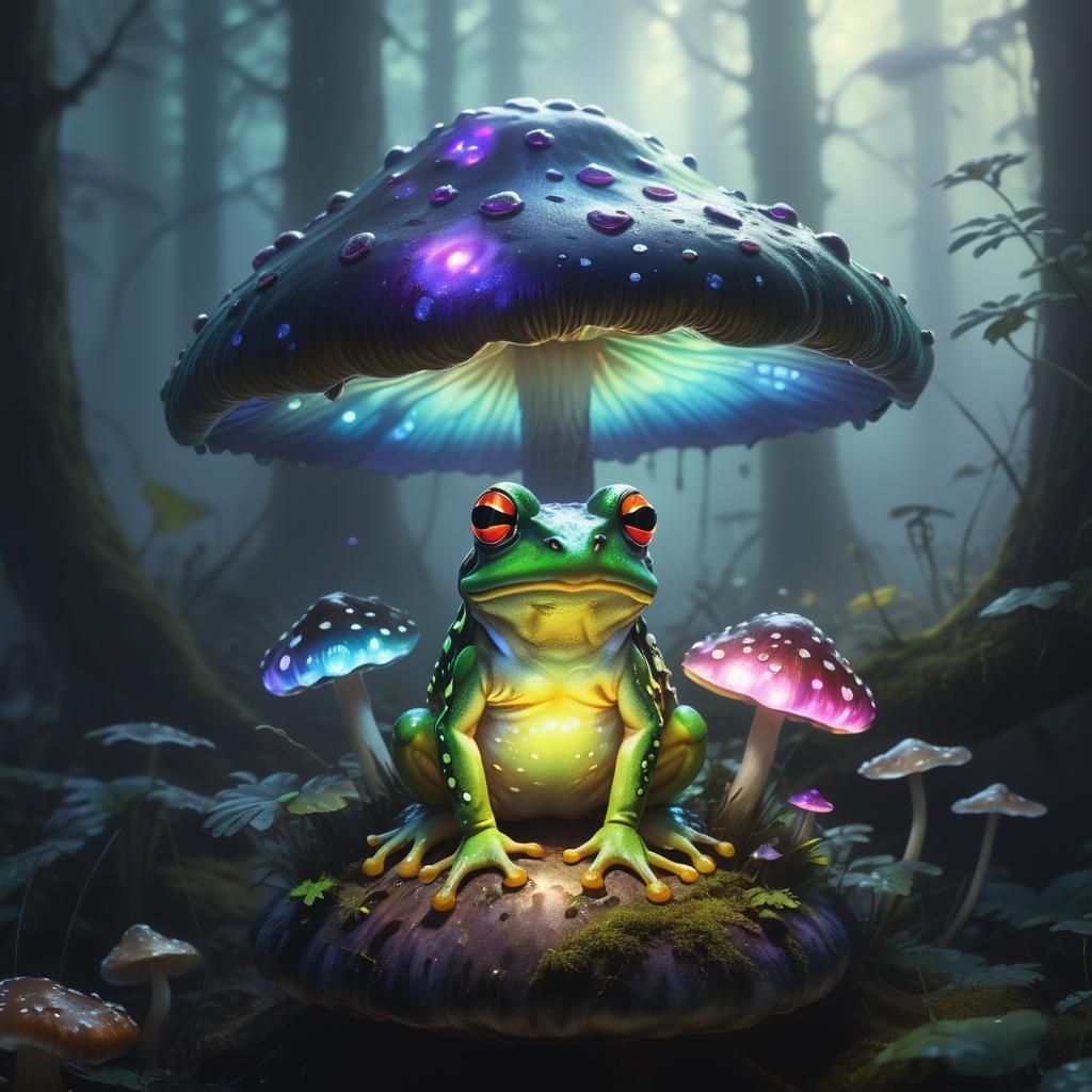 Magical Glowing Frog on Mushroom, Fantasy Art