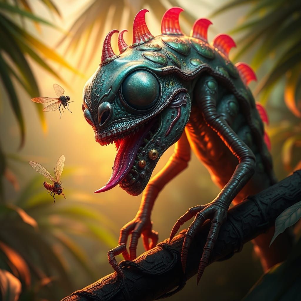 Mutant Chameleon Catches Fly in Tropical Jungle