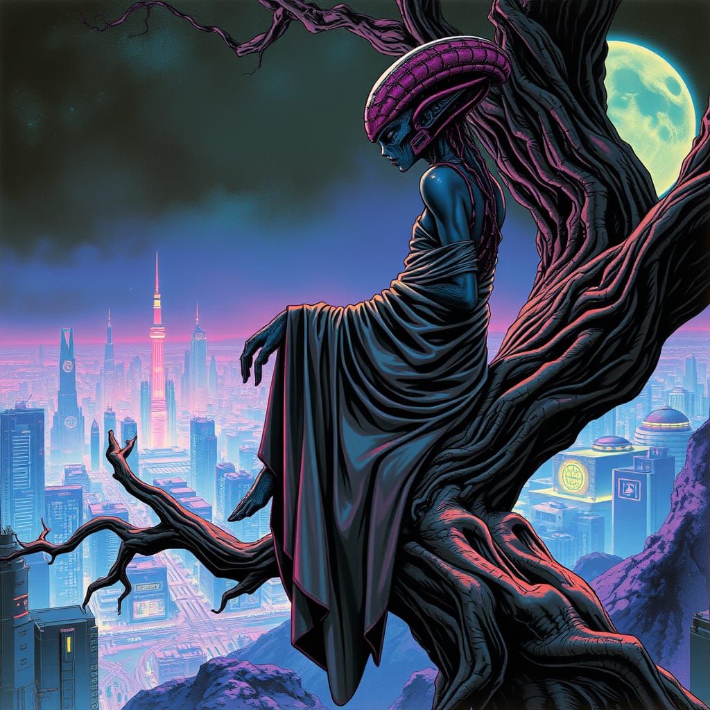 Alien Oversees Cyberpunk City: Biomechanical Futurism