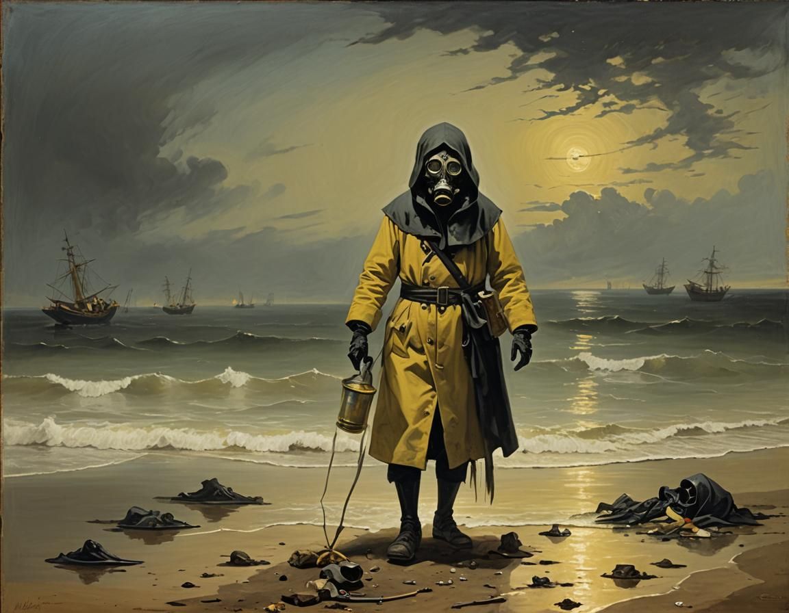 Grim Reaper on Polluted Shore in Goya Style