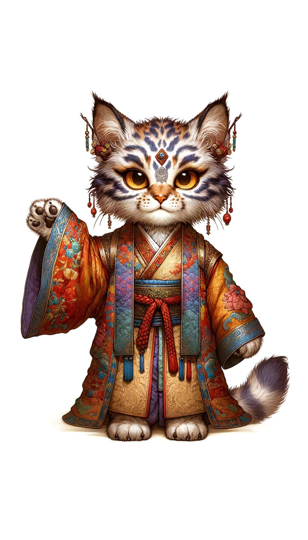 Image of a DnD Tabaxi (Tabaxi are anthropomorphic cat/humans) Adorable child asian style clothing