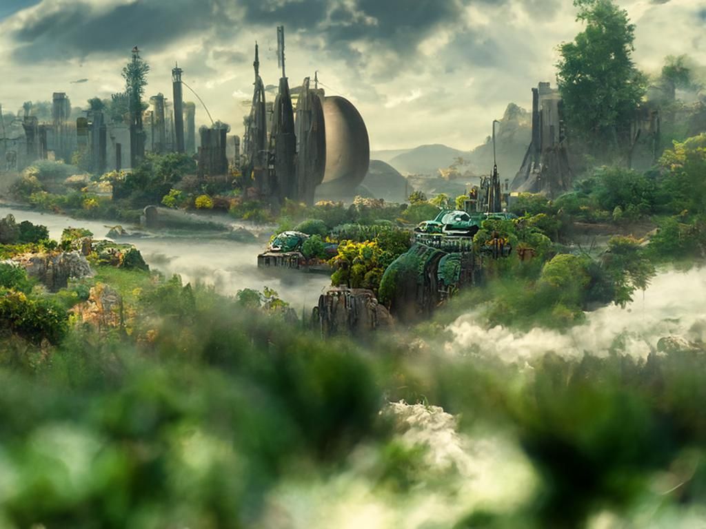 Lush Fantasy Cityscape Under Threat: Digital Matte Painting