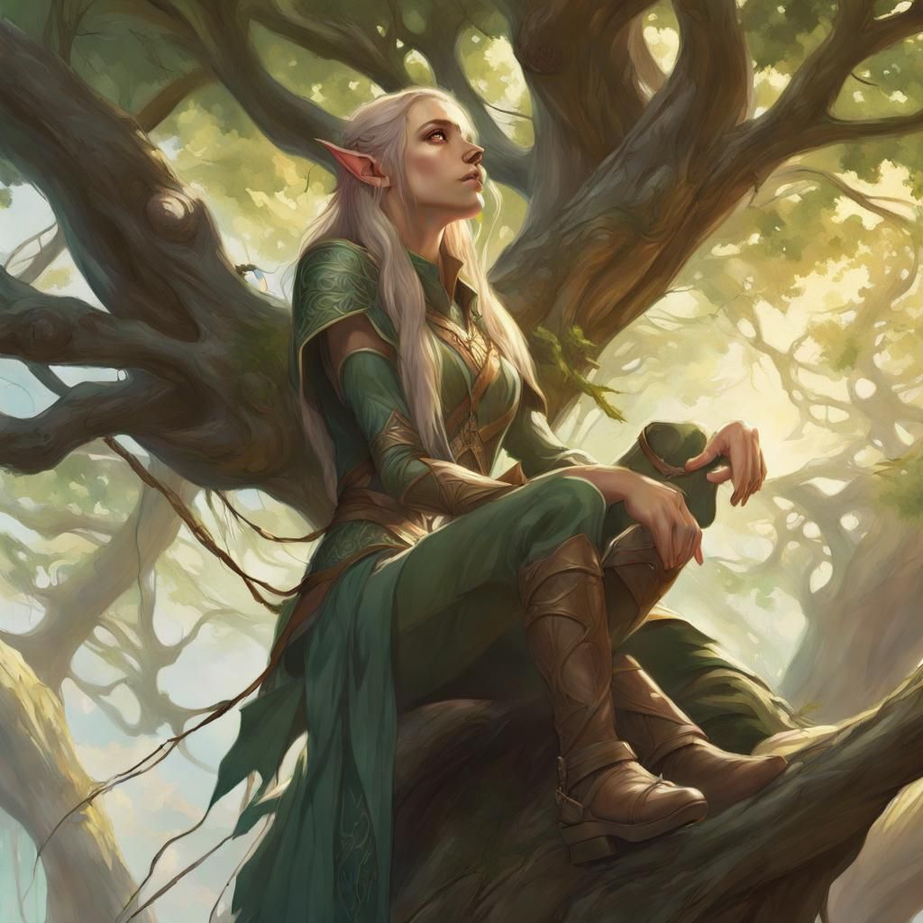 Enchanting Elf Portrait Amidst Giant Tree Branches