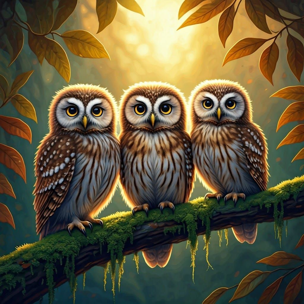 Fluffy Owls on Mossy Branch in Cozy Cottagecore Style