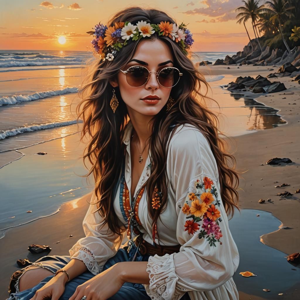 Hippie Girl with Sunset Reflection, Acrylic Painting