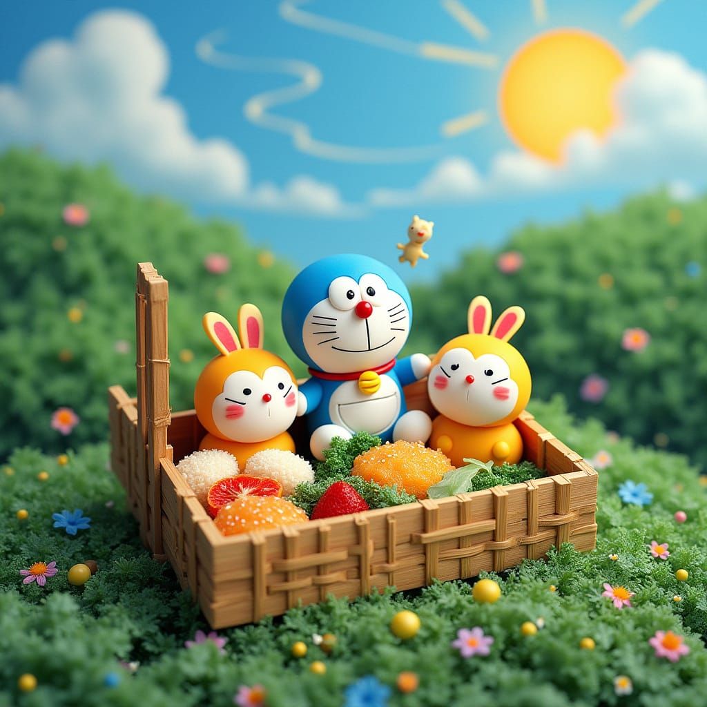 Whimsical Bento Box Scene with Doraemon and Friends