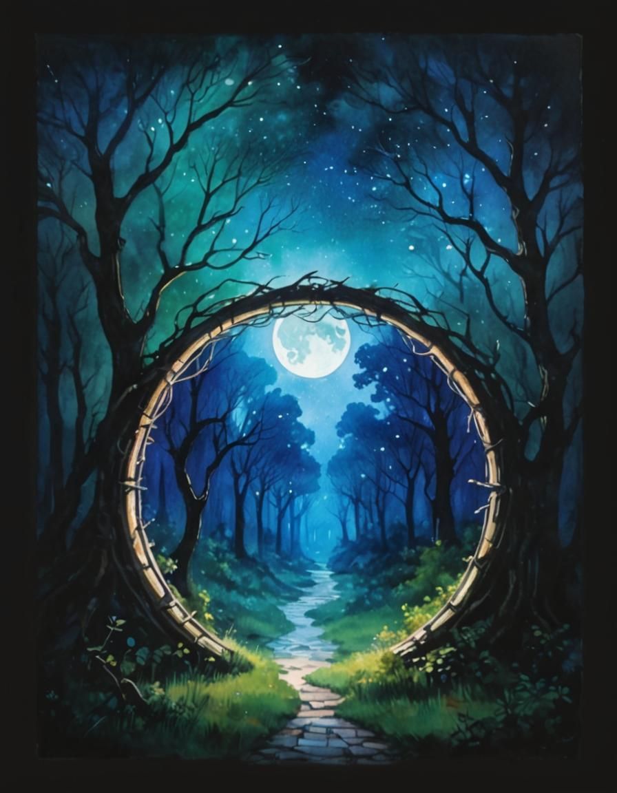 Magic Tree Portal to the Moon in Gouache