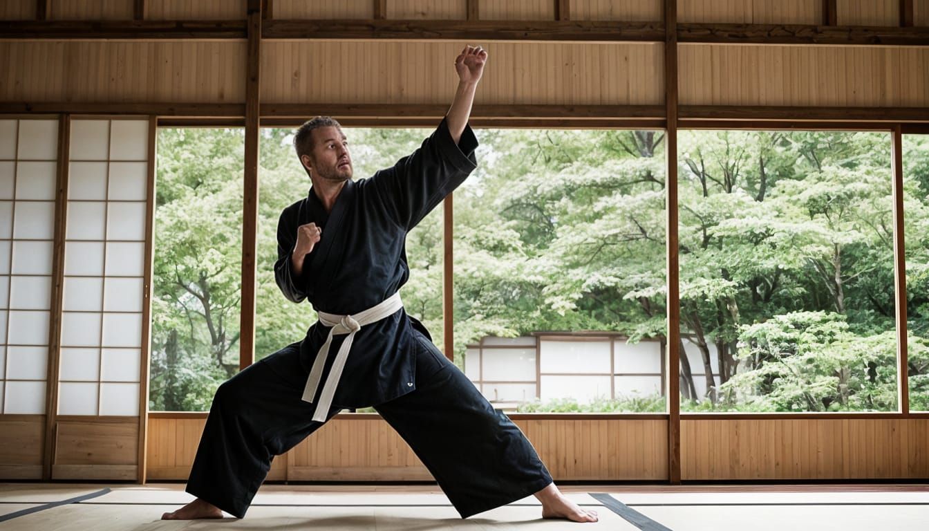 Dynamic Karate Master in Traditional Dojo