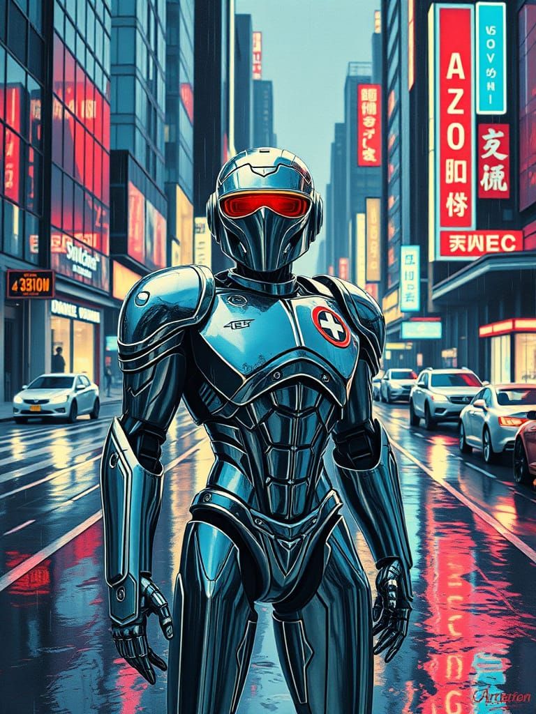 Retro-Futurist Robot Warrior in Chrome City