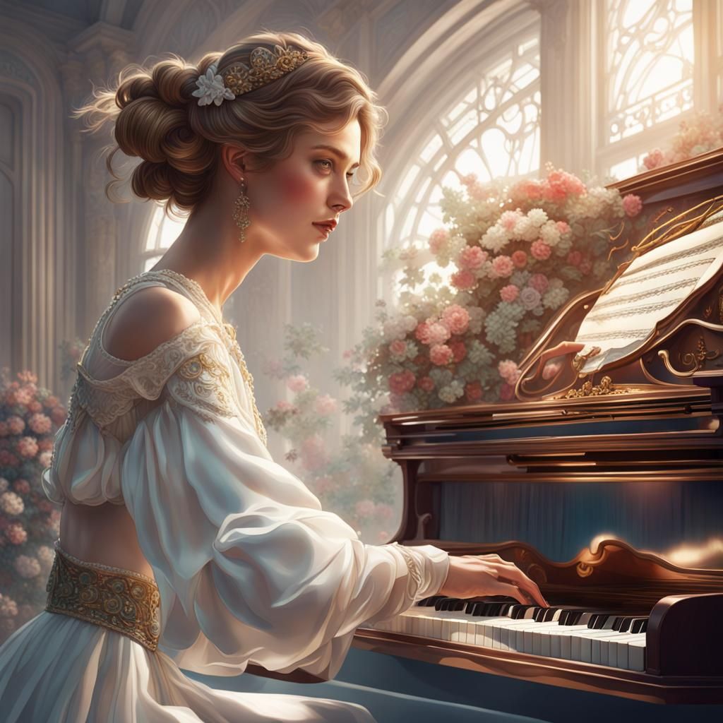 Woman in Satin Gown Plays Piano