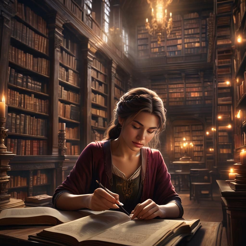 Woman Studying Ancient Books in Hyperrealistic Library