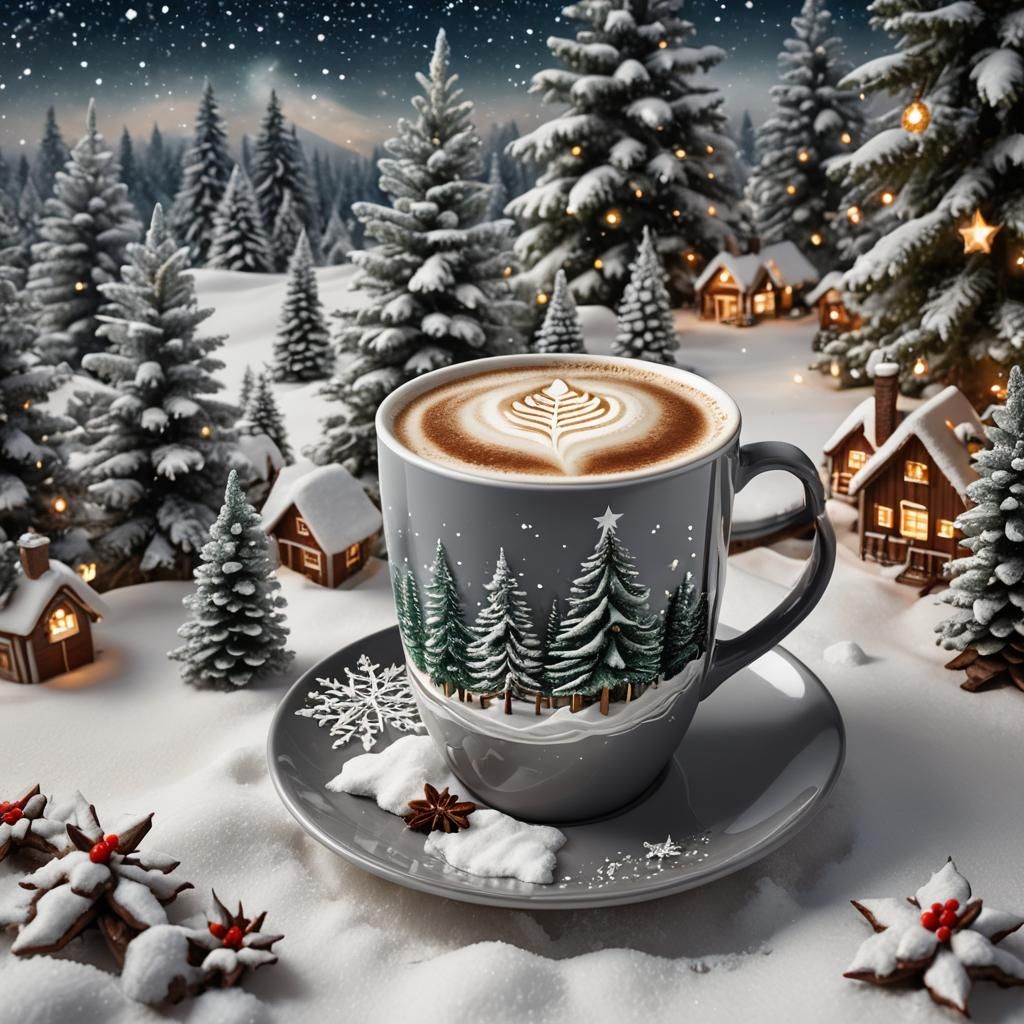Surreal Christmas Scene in a Silver Cup with Frosty Landscap...