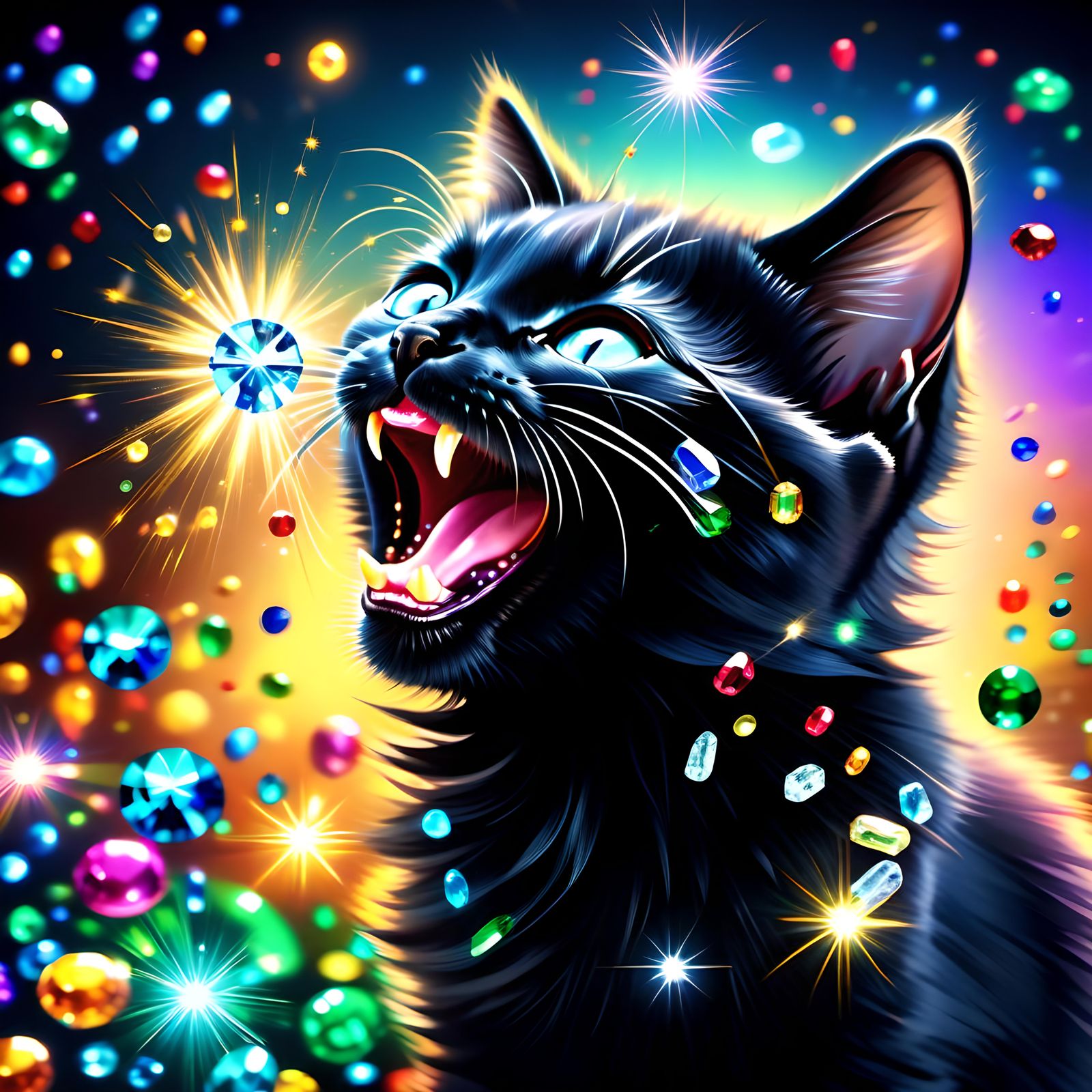 Gemstone Eyed Kitten Yawning in Shimmering Night