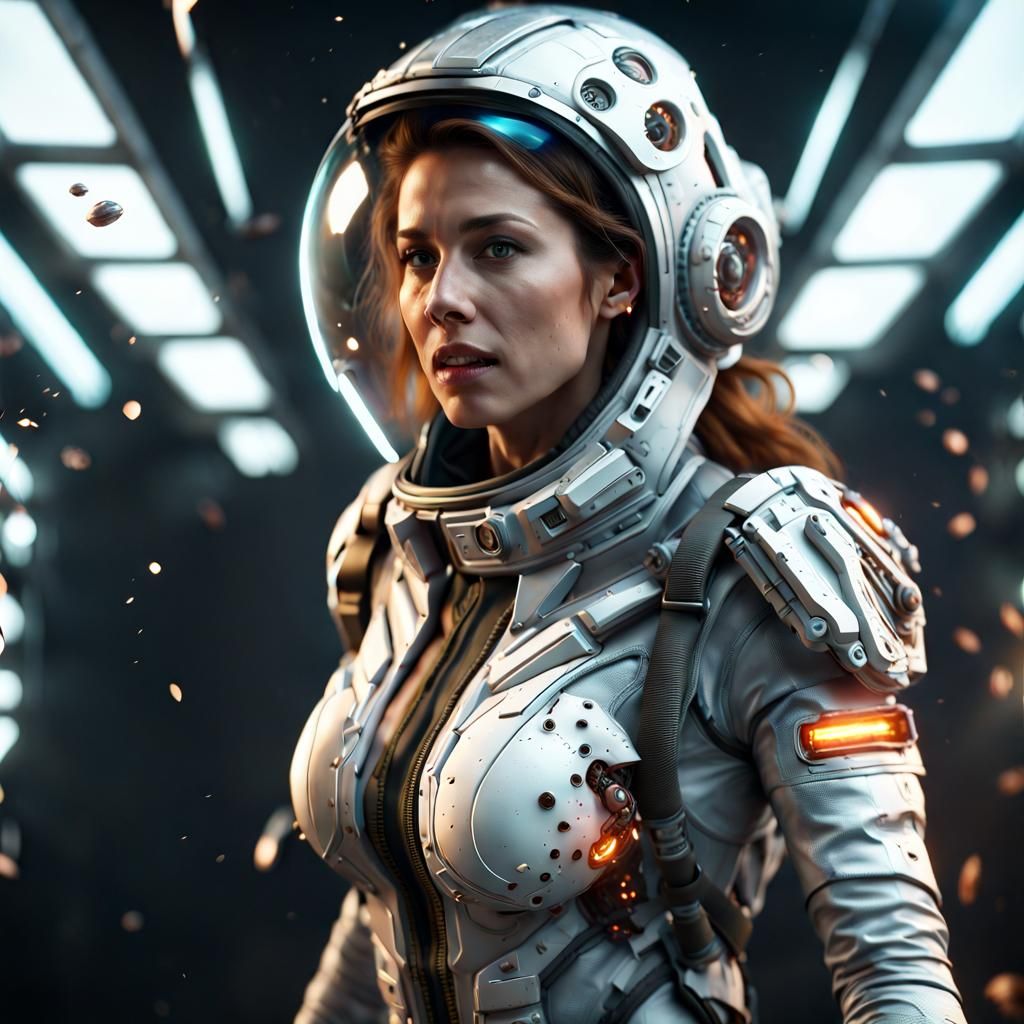 Woman Escaping Exploding Spaceship in Biomech Suit