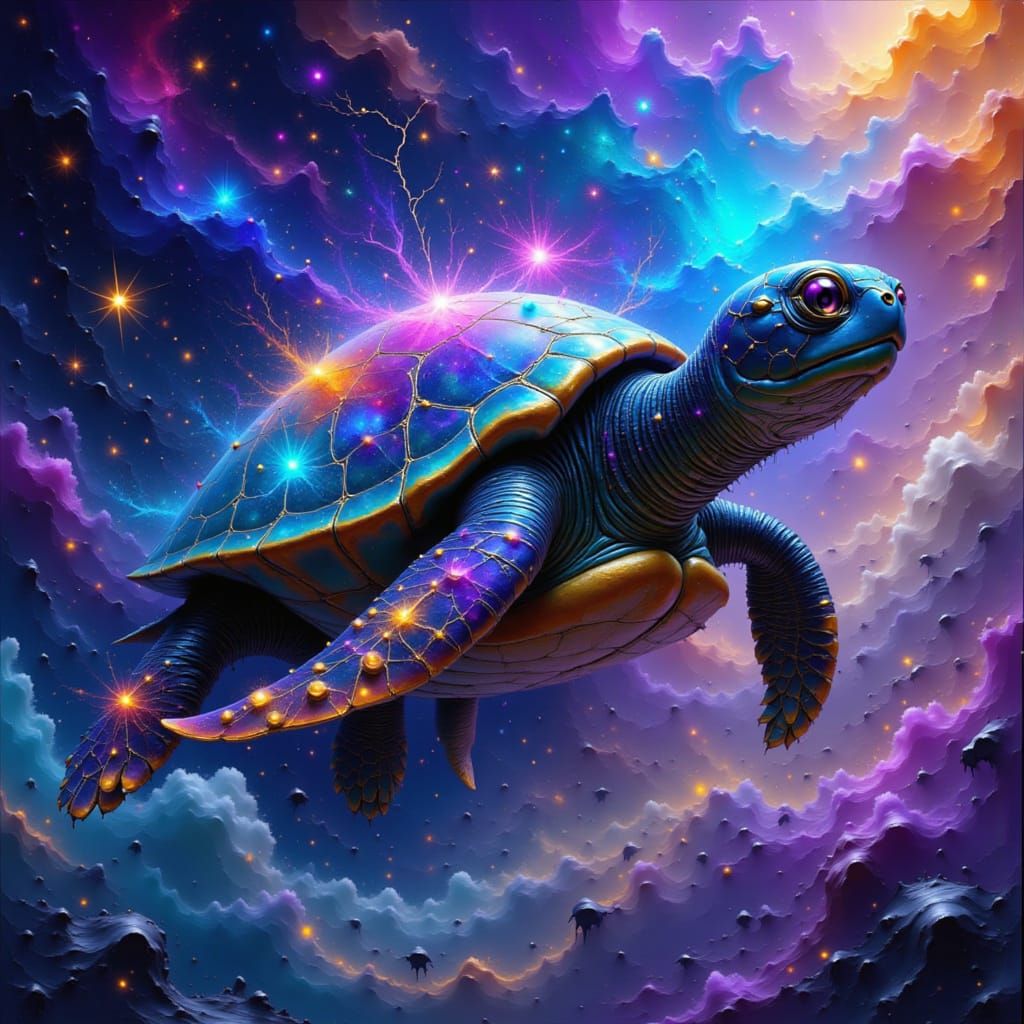 Celestial Turtle Swims Through Galaxy in Surreal Digital Art