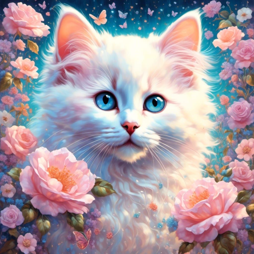 Ragdoll kitten, wild roses and butterflies