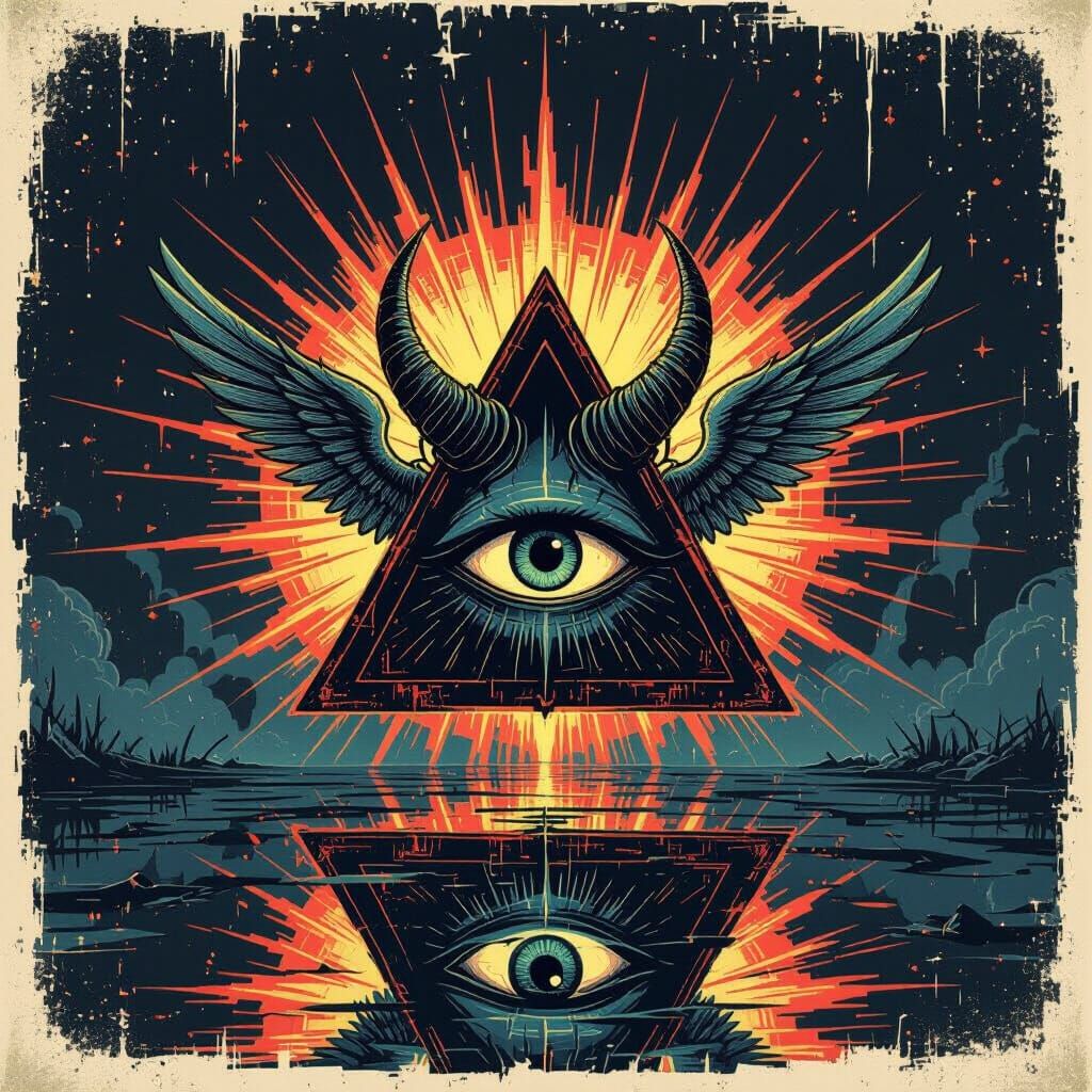 Eye in Triangle Symbol with Light Rays, Gritty Neon Art