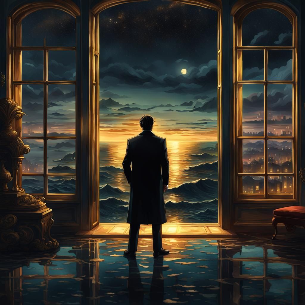 Melancholic Mob Boss Gazing at Ocean: Hyperrealistic Art